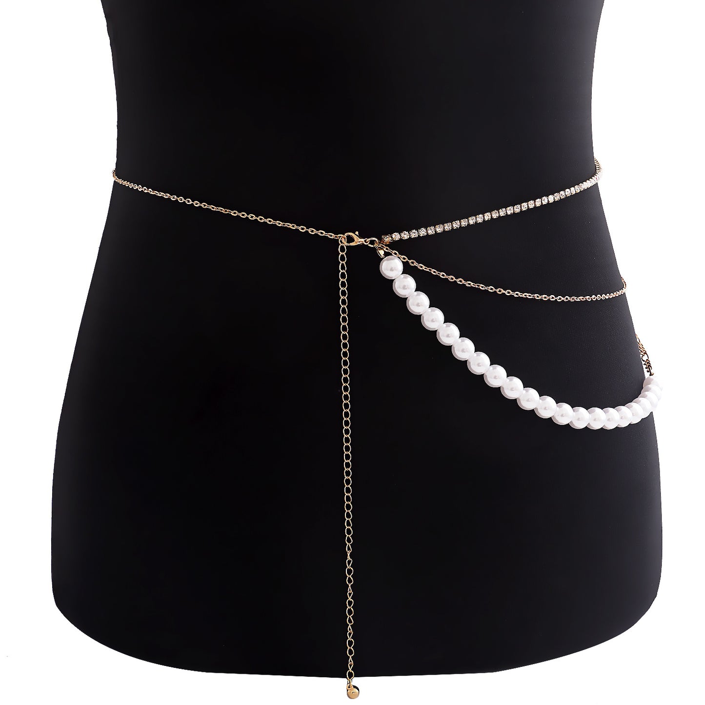Punk Minimalist Multi-Layer Curb Chain Waist Chain with Rhinestone and Imitation Pearl for Women