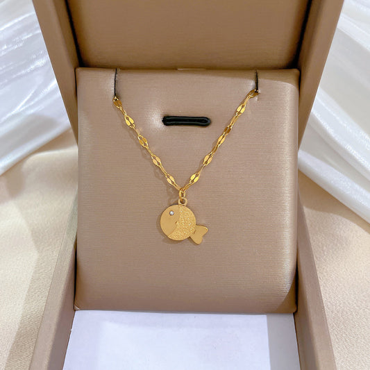 Matte Titanium Steel Minimalist Geometric Fish Pendant Necklace for Women and Men Locket Style Clavicle Chain