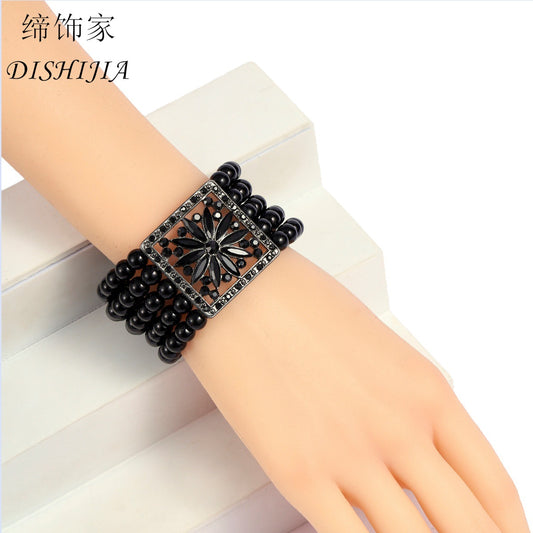 Fashionable Floral Pearl and Alloy Stretch Bracelet for Women with Handcrafted Detailing, Multi-Layer Party and Wedding Accessory