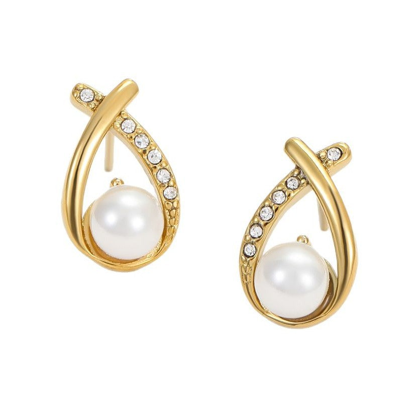 Pendientes de acero inoxidable geométricos minimalistas con incrustaciones de diamantes de imitación y detalles de perlas para mujer