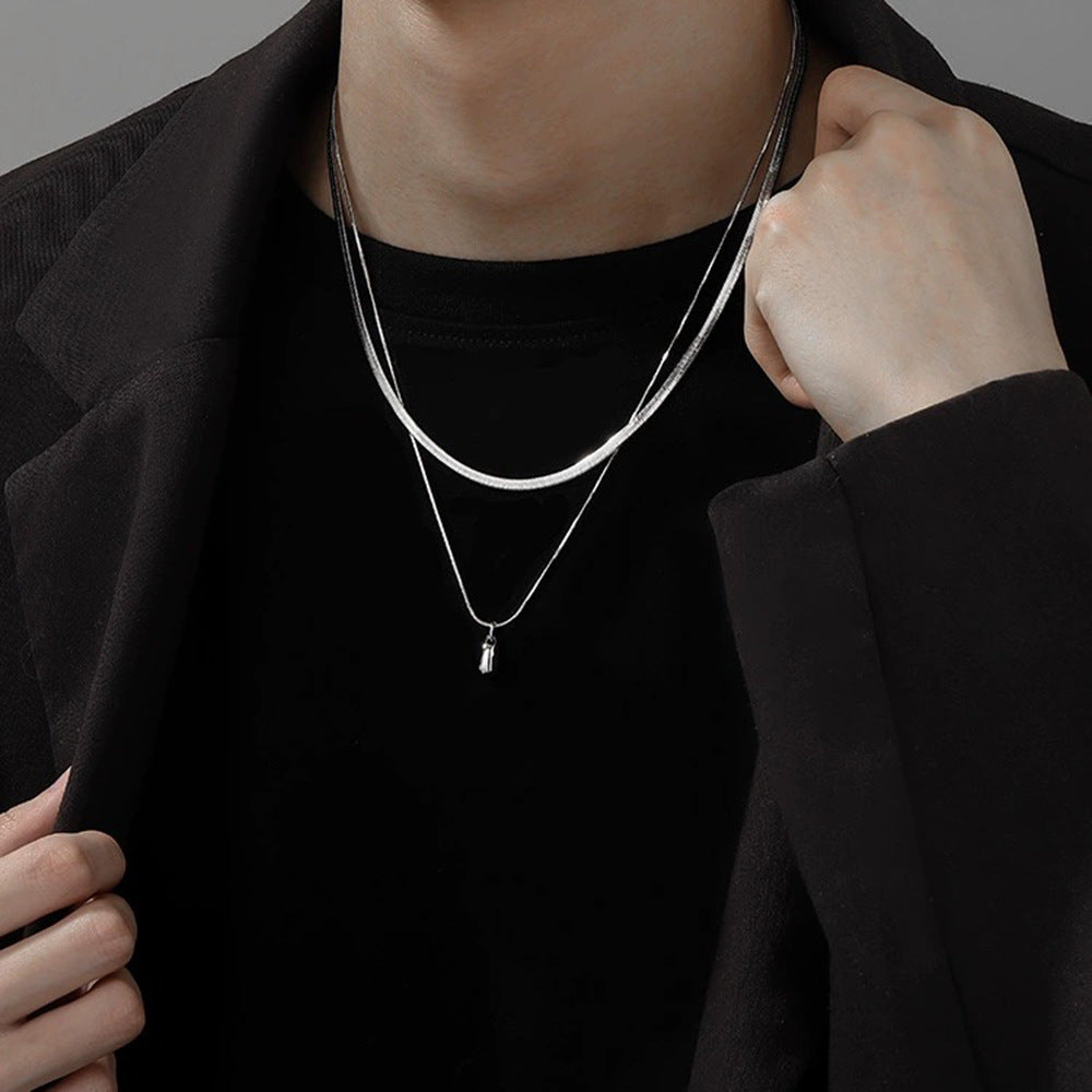 Collar minimalista de doble capa con colgante de lágrima en acero inoxidable con acabado pulido y cadena de serpiente, unisex