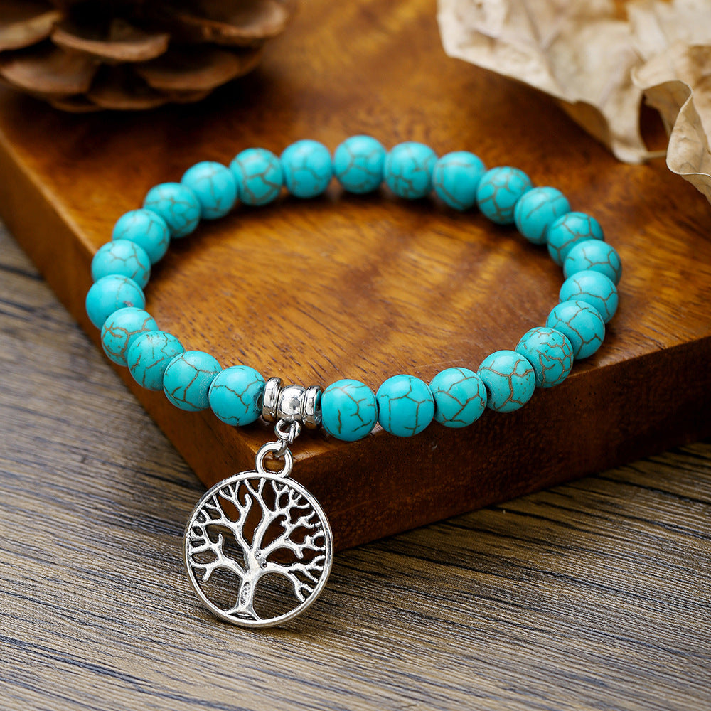 Vintage Ethnic Geometric Turquoise Beaded Bracelet with Cross Starfish Turtle and Eye Charms for Unisex
