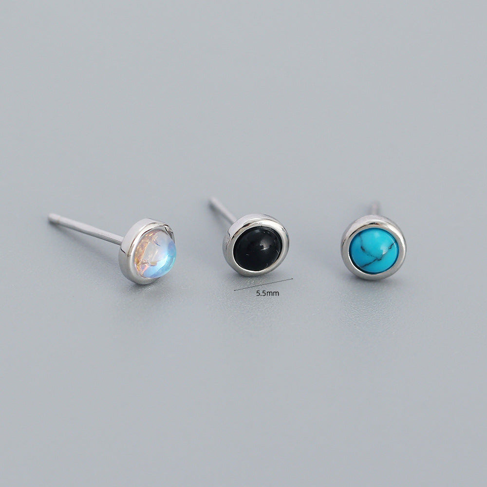 Minimalist Geometric S925 Sterling Silver Stud Earrings with Agate and Turquoise Accents