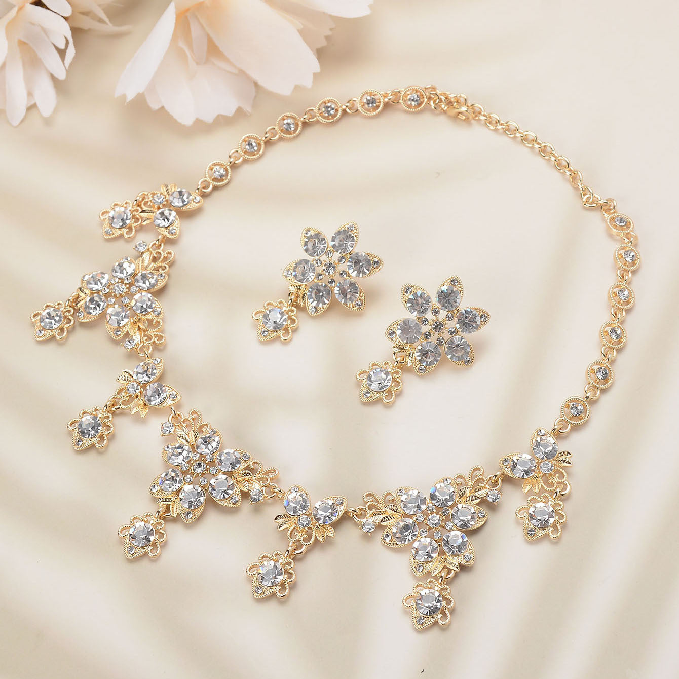 Sweet Geometric Alloy Necklace and Earring Set with Cubic Zirconia and Crystal Inlay for Women Wedding Bridal Jewelry