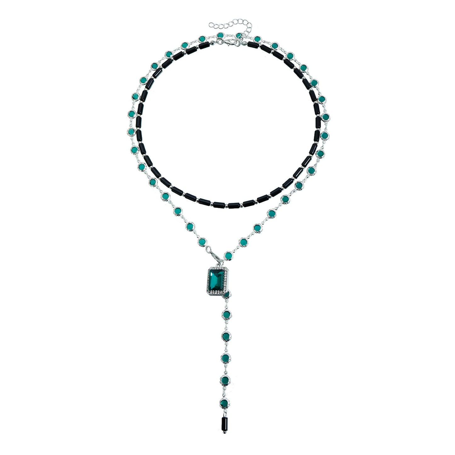 Vintage Square Geometric Emerald Inlay Alloy Pendant Necklace Double Layer Black Bead Statement Chain for Women and Men