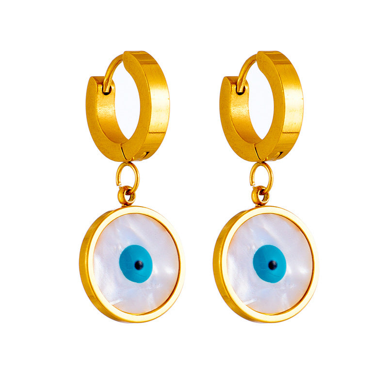 Minimalist Retro Blue Eye Shell Pendant Earrings in Titanium Steel with Plated Finish