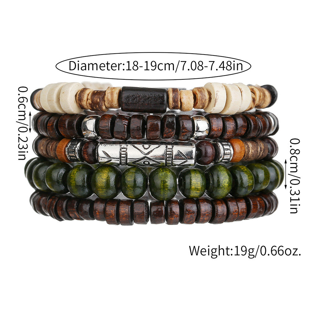 Vintage Hip-hop Round Wood Bead Alloy Multi-layer Stretch Bracelet Set