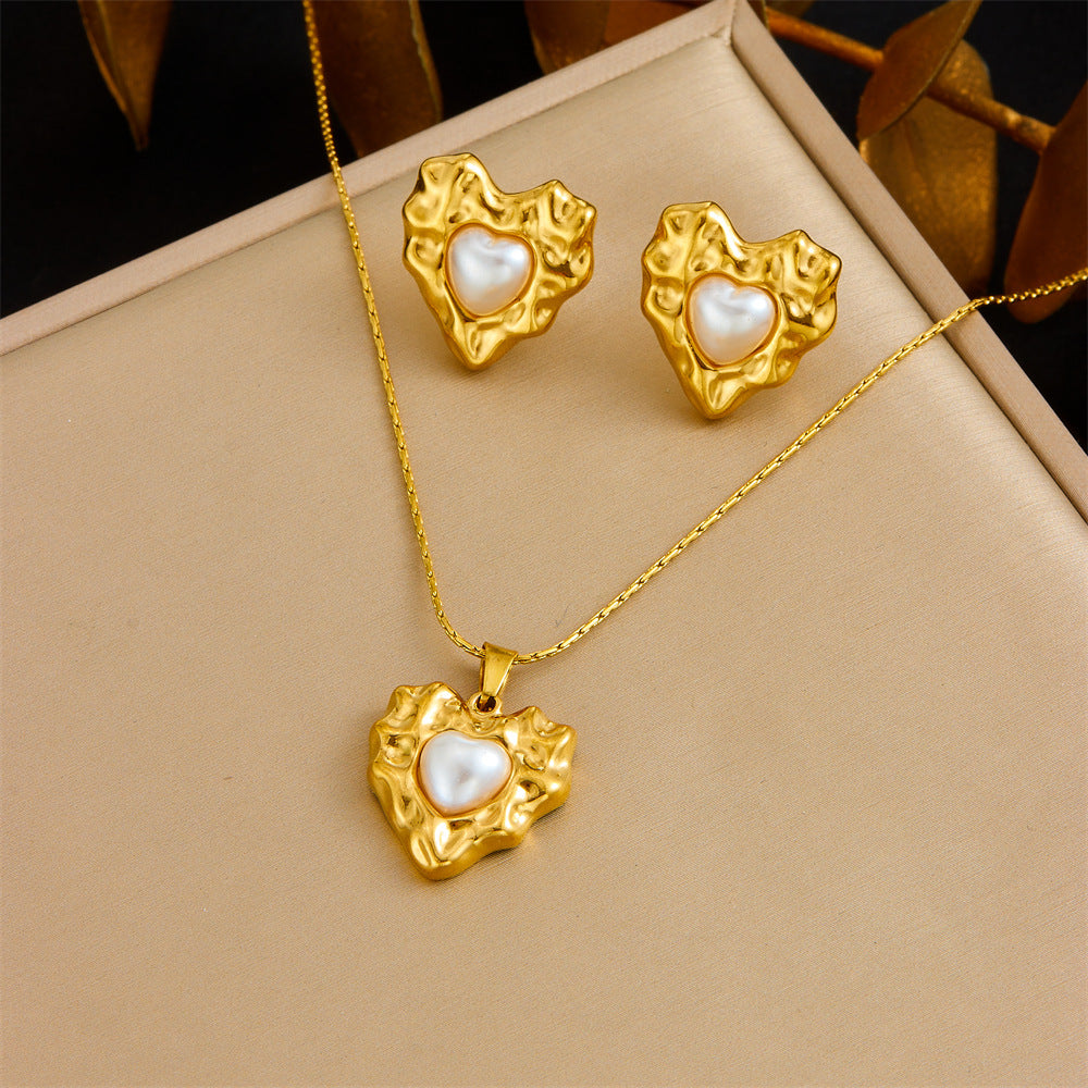 Vintage Gold Plated Heart Teardrop Stainless Steel Necklace and Earring Set with Turquoise and Pearl on Snake Chain for Women
