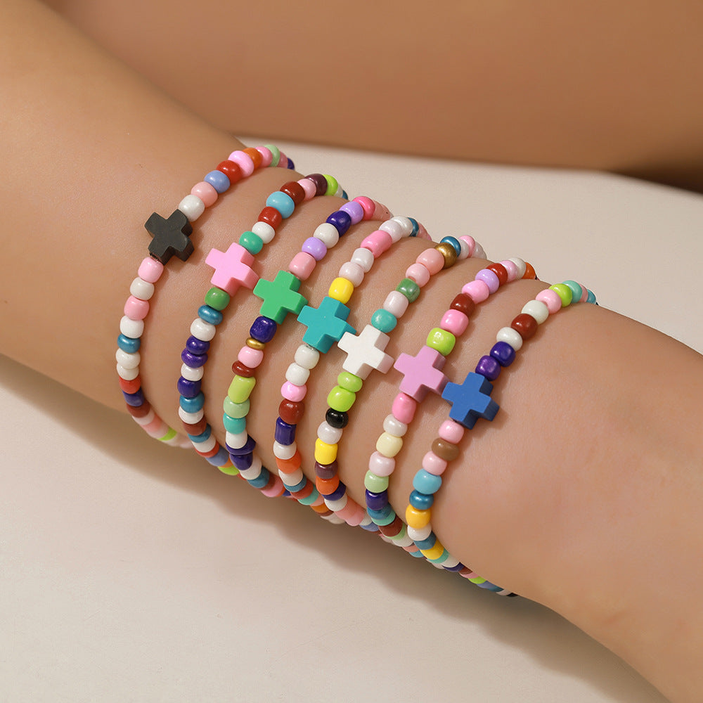 Minimalist Colorful Seed Bead Polymer Clay Cross Bracelet Handmade Multi-Layer Stackable