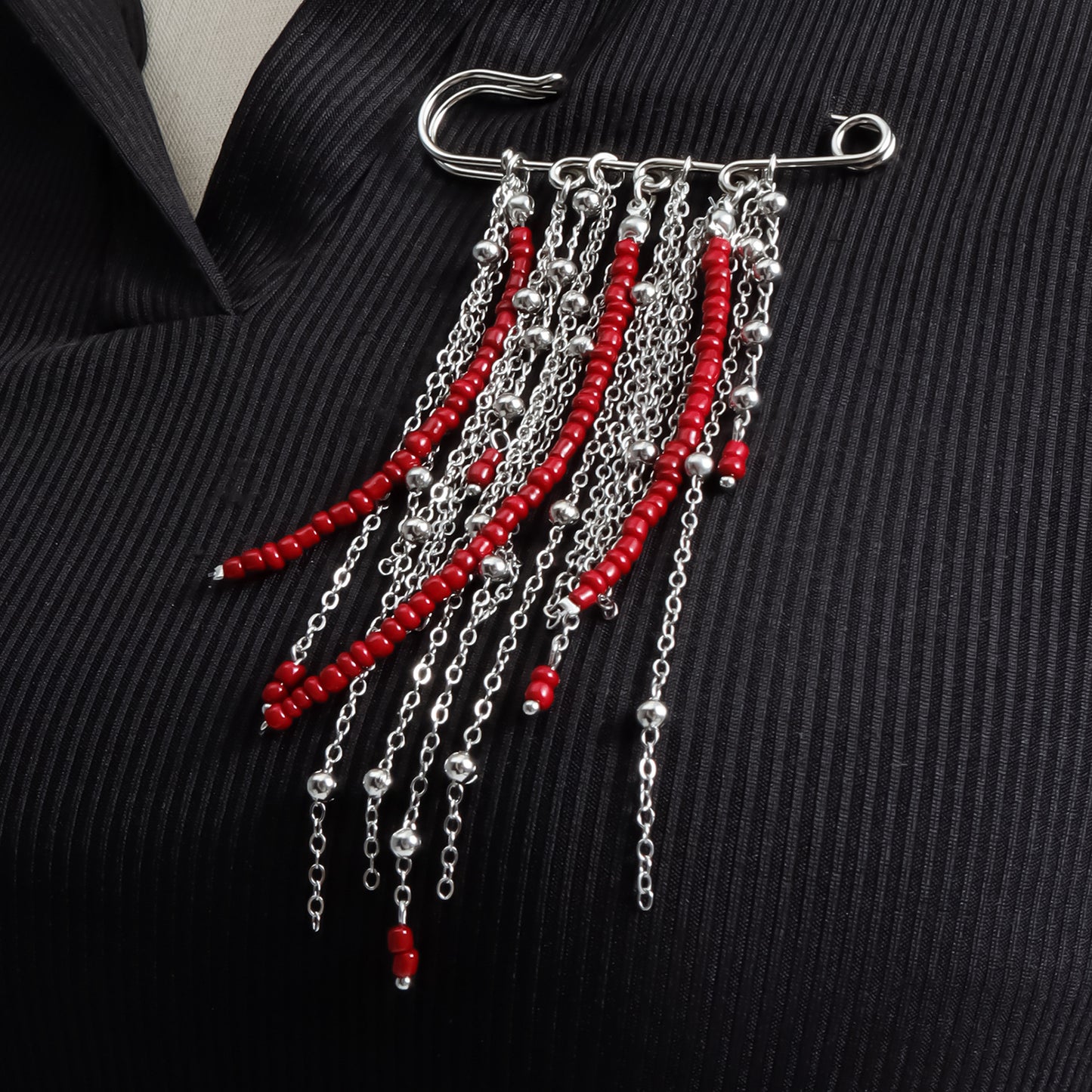 Vintage Geometric Alloy Plated Brooch with Red Bead Tassel and Multi-Chain Design