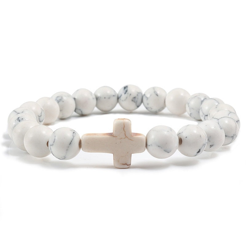Natural Turquoise Cross Beaded Bracelet 8mm Round Stone Unisex Handmade Jewelry