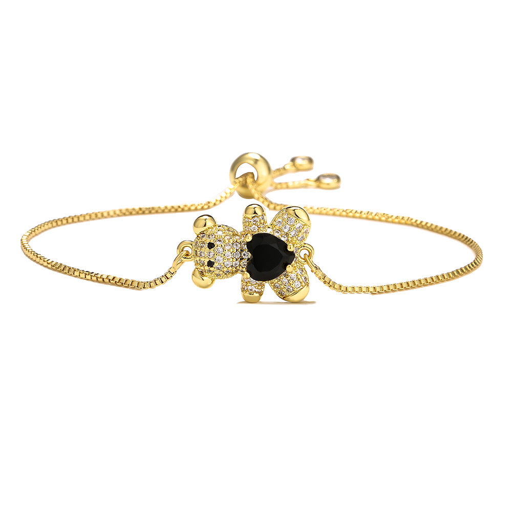 Cute Heart-Shaped Bear Adjustable Drawstring Bracelet for Women in Copper with Zircon Inlay