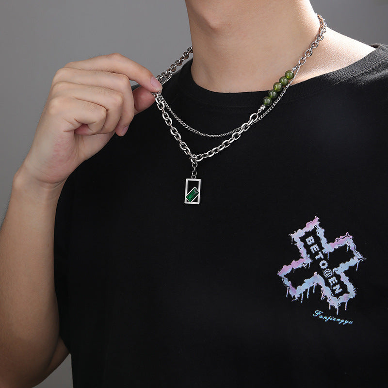 Collana Minimalista Geometrica a Doppio Strato in Acciaio al Titanio con Ciondolo a Gemma Verde Lucida Unisex