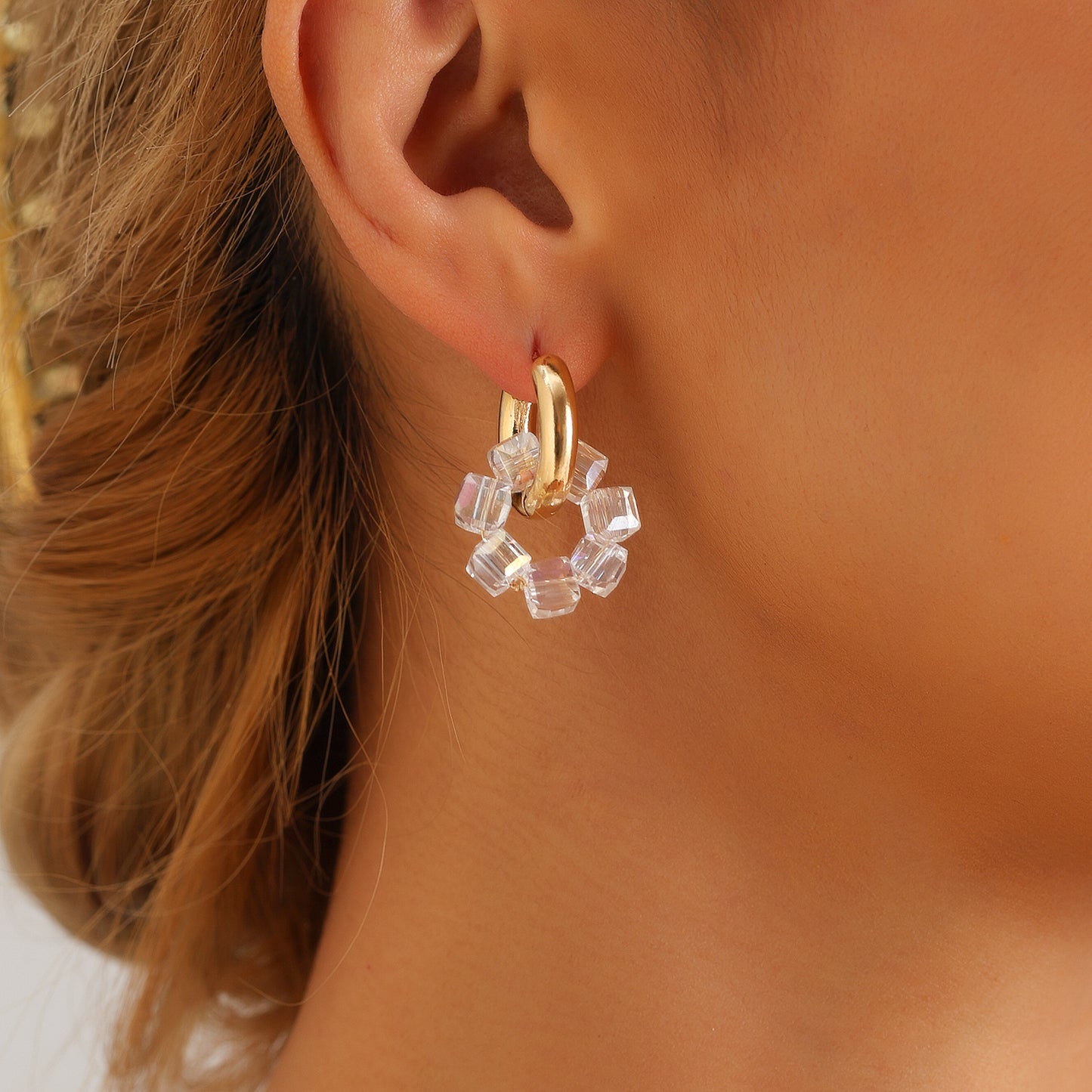 Geometric Asymmetrical Long Bar Crystal Beaded Hoop Earrings in Metal with Electroplating Finish