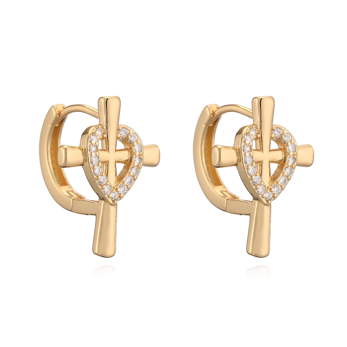 Vintage-Style Irregular Geometric Cross Hoop Earrings for Women Made of Brass with 18K Gold Plating and Zircon Inlay