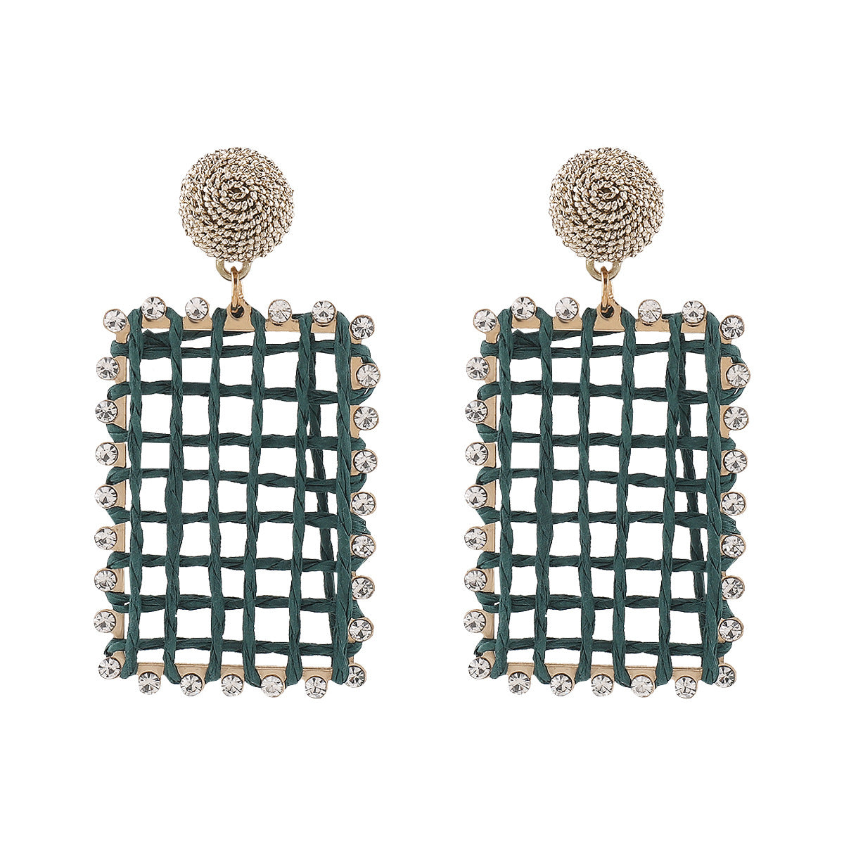 Orecchini in rafia intrecciata con ritagli geometrici da donna con dettagli in strass, stile fresco e minimalista per le vacanze