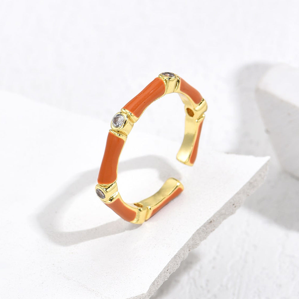 Elegant French-Style Geometric Copper Ring with Real Gold Plating and Enamel Zirconia for Women