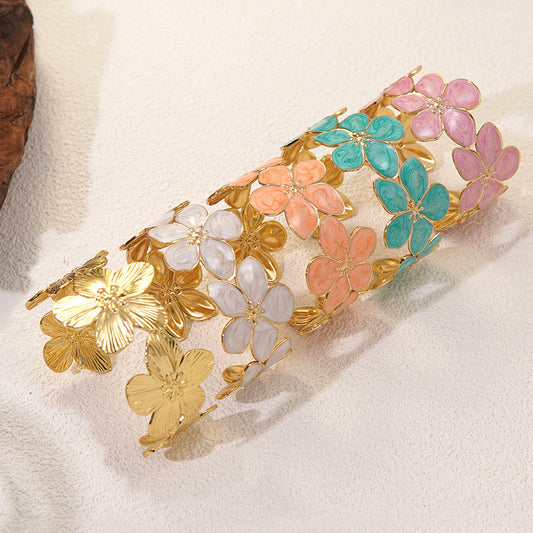 Minimalist Elegant Floral Drip Oil Stainless Steel Cuff Bracelet