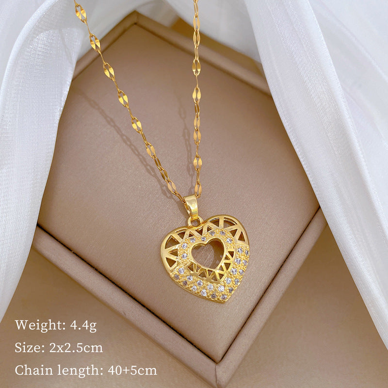 Minimalist Heart-Shaped Titanium Steel Necklace with Cubic Zirconia Inlay for Women and Men, Delicate Clavicle Chain