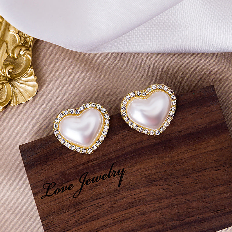 Orecchini a perno minimalisti con cuore, zirconia cubica e perla, con perni in argento sterling 925 per donna