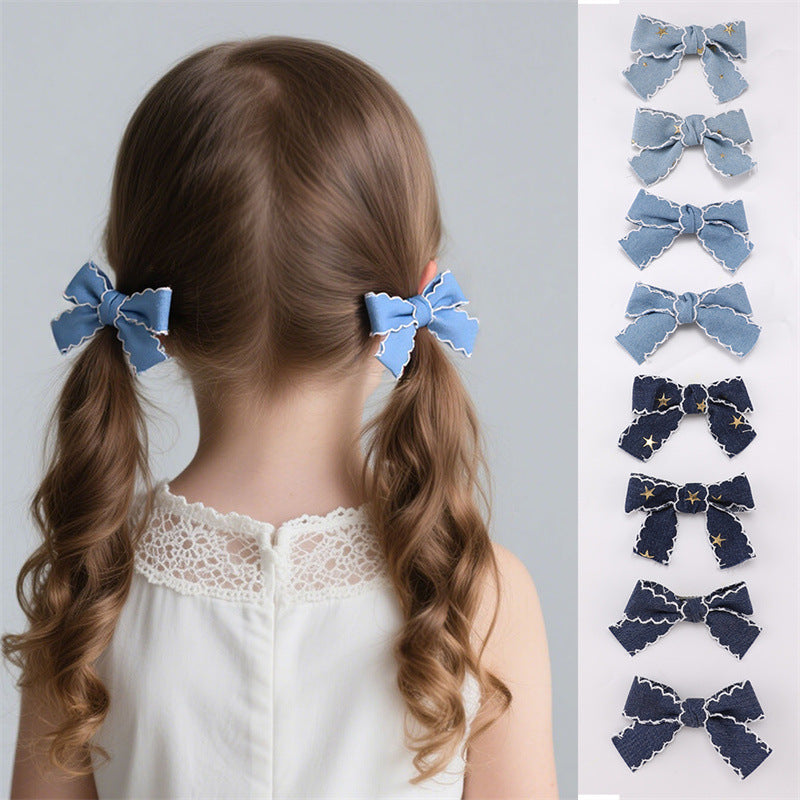 Retro Star Denim Bow Duckbill Hair Clip for Girls with Ruffled and Mesh Details