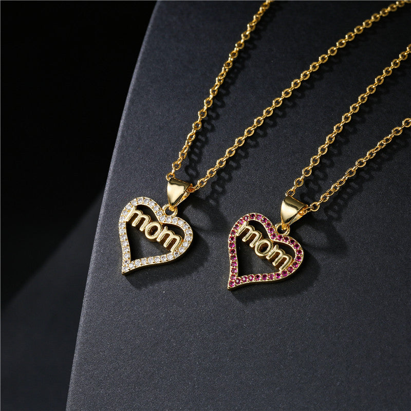 Gold Plated Brass Heart Letter Mom Pendant Necklace with Micro Inlay
