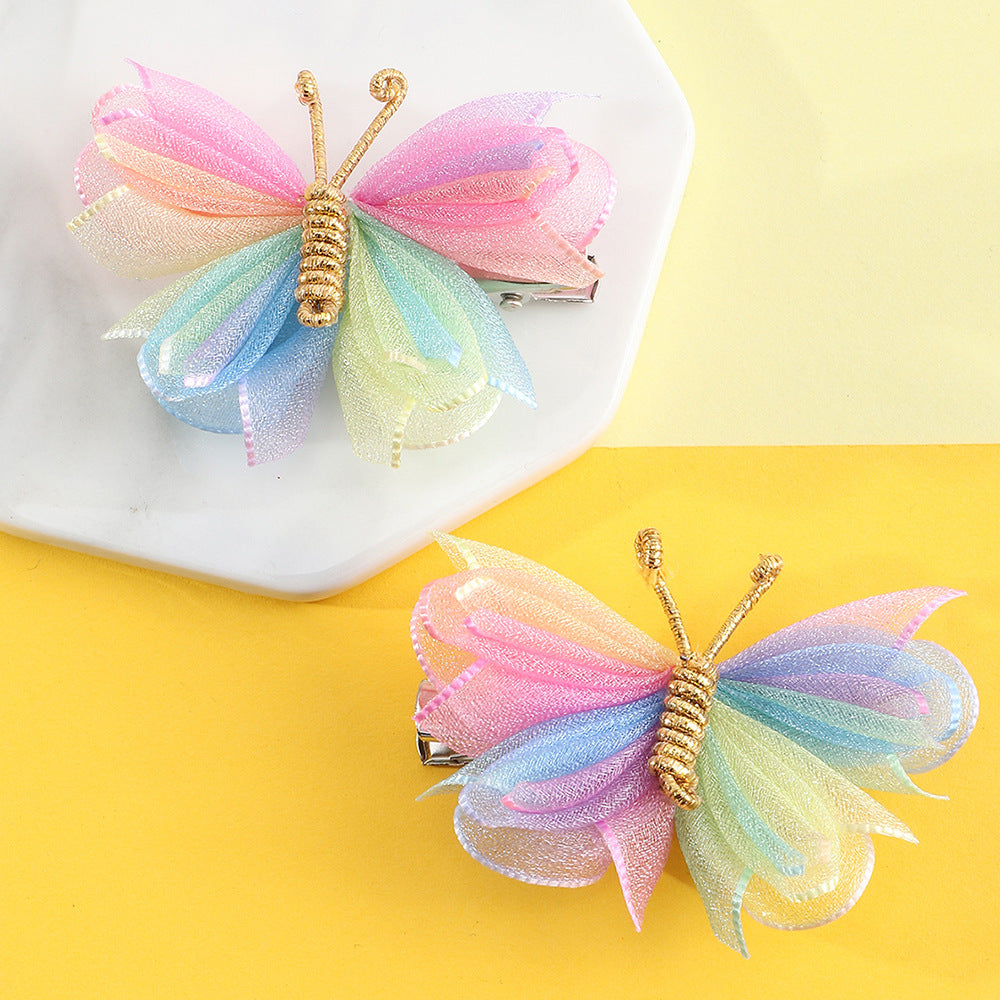 Cartoon Butterfly Hair Clip for Kids Handwoven Mesh Fabric Hairpin with Rainbow Accents