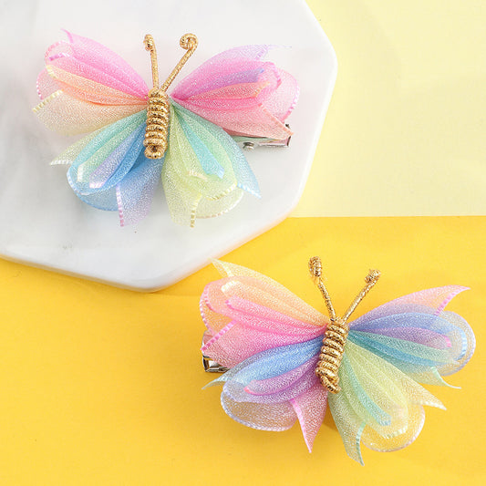 Cartoon Butterfly Hair Clip for Kids Handwoven Mesh Fabric Hairpin with Rainbow Accents