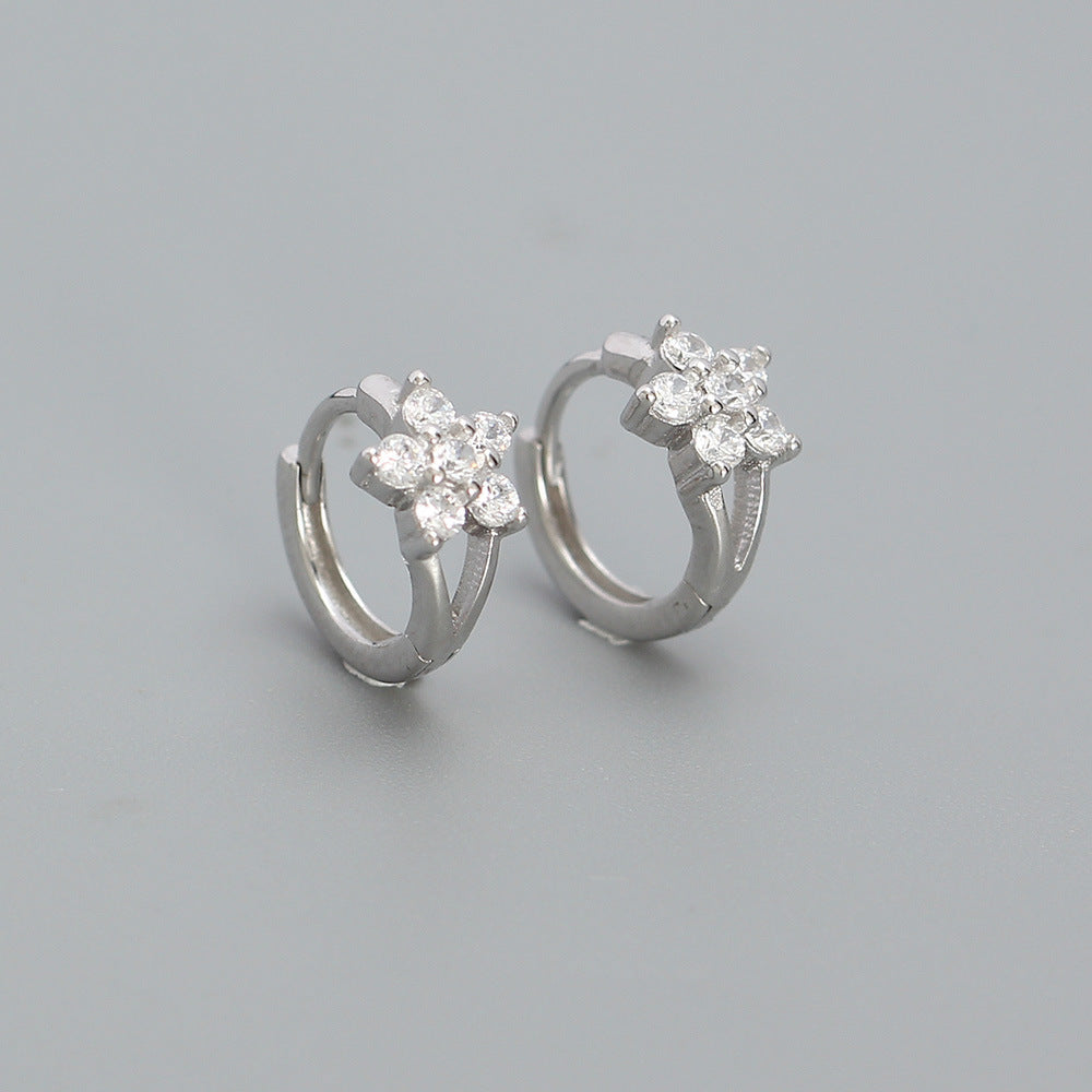 Orecchini a cerchio da donna in argento sterling S925 a forma di fiorellino con intarsio di strass