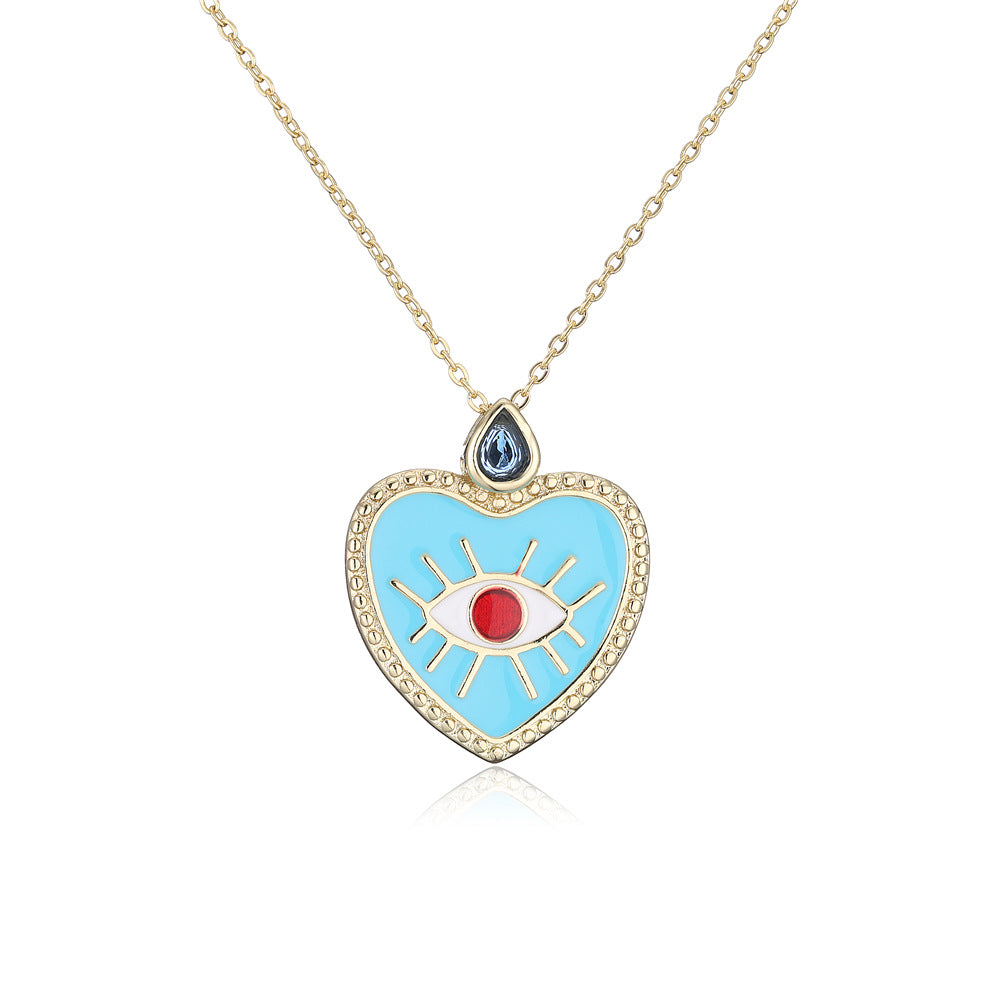 Heart Geometric Drip Oil Gold Plated Brass Necklace with Cubic Zirconia Pendant 45cm Cable Chain