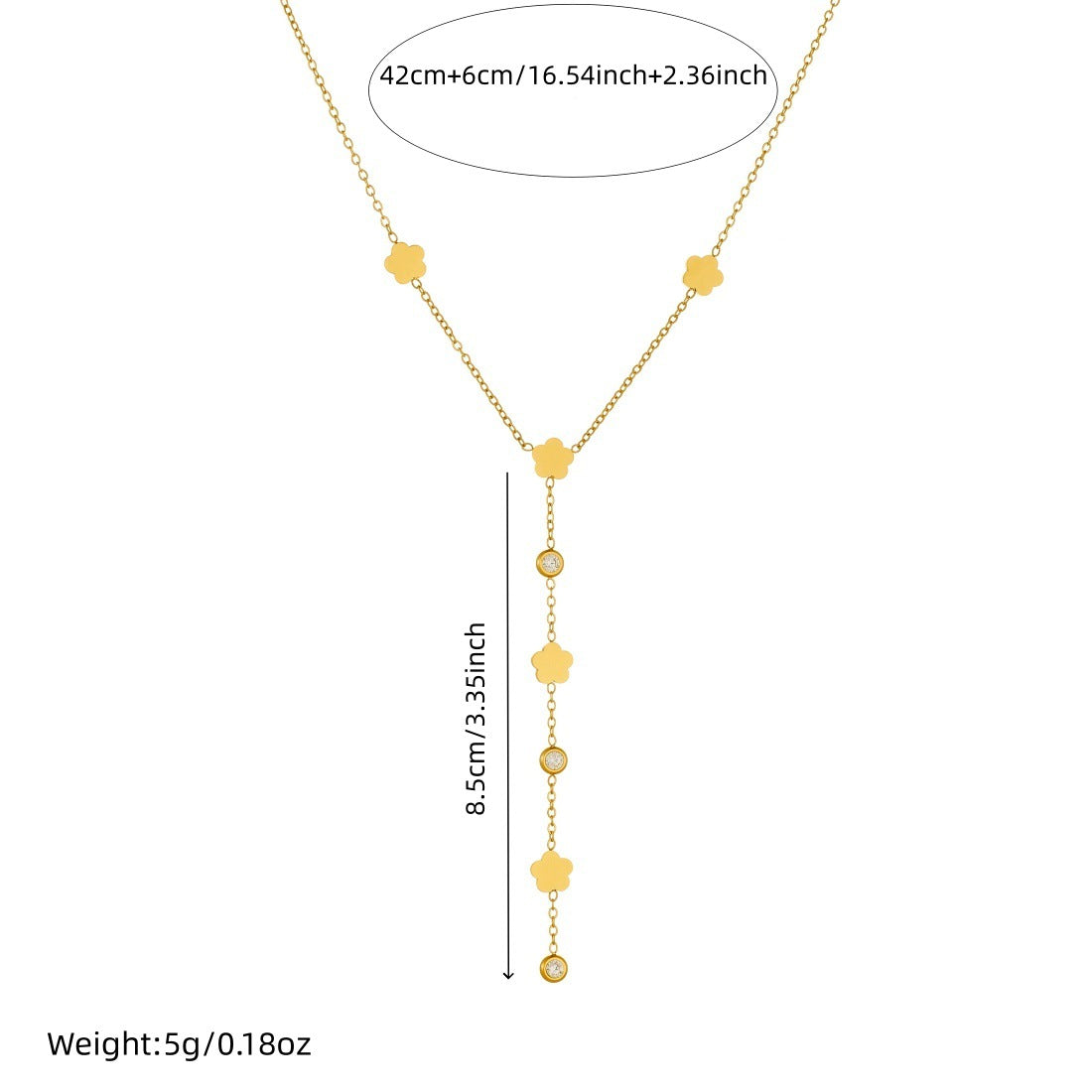 Gold Plated Rhinestone Inlaid Floral Stainless Steel Pendant Necklace with Tassel for Women