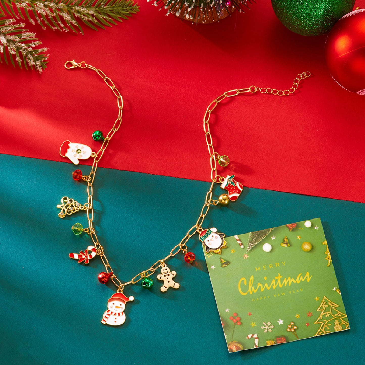 Collana con Ciondolo a Ghirlanda Natalizia alla Moda con Motivi di Campanella di Babbo Natale e Fiocco di Neve da Donna, Collana Placcata in Lega di Zinco per Regali di Natale