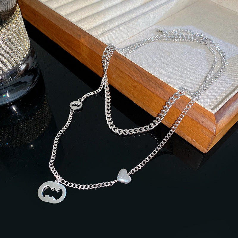 Streetwear Silver Plated Geometric Hollow Pendant Titanium Steel Double Layer Necklace