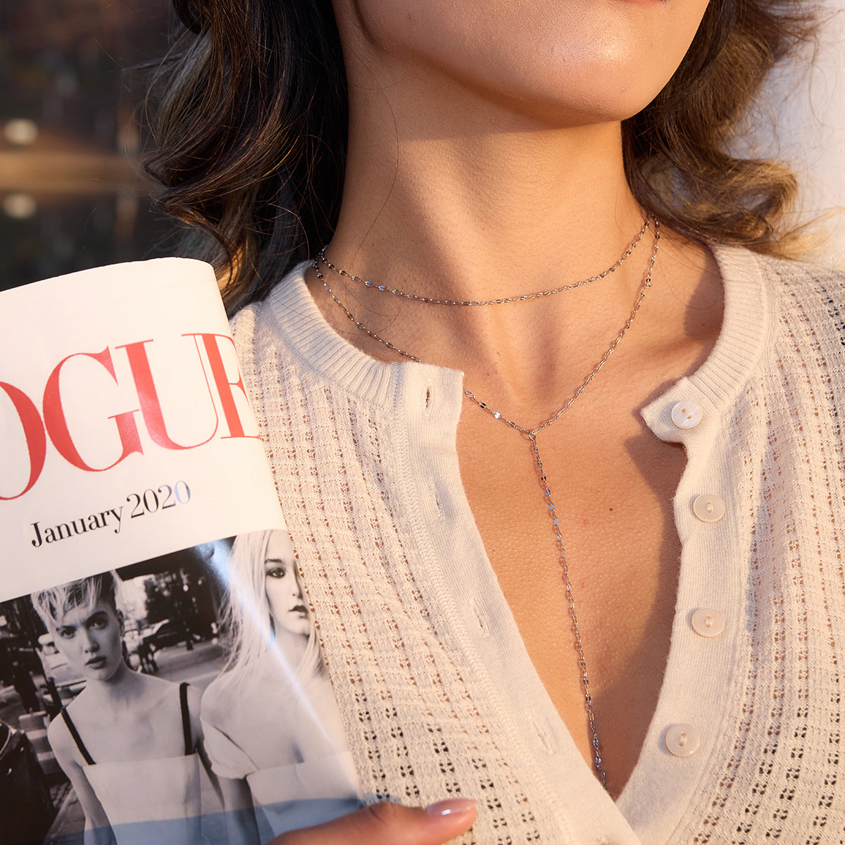 Minimalist Elegant Geometric Stainless Steel PVD Plated Double Layer Y-Chain Necklace for Women