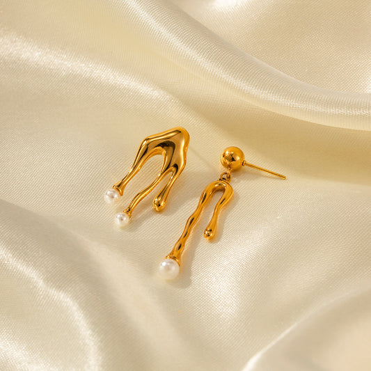 Orecchini Geometrici da Donna in Acciaio Inossidabile con Intarsio di Perle e Design Liquido in Acciaio al Titanio Placcato Oro 18K