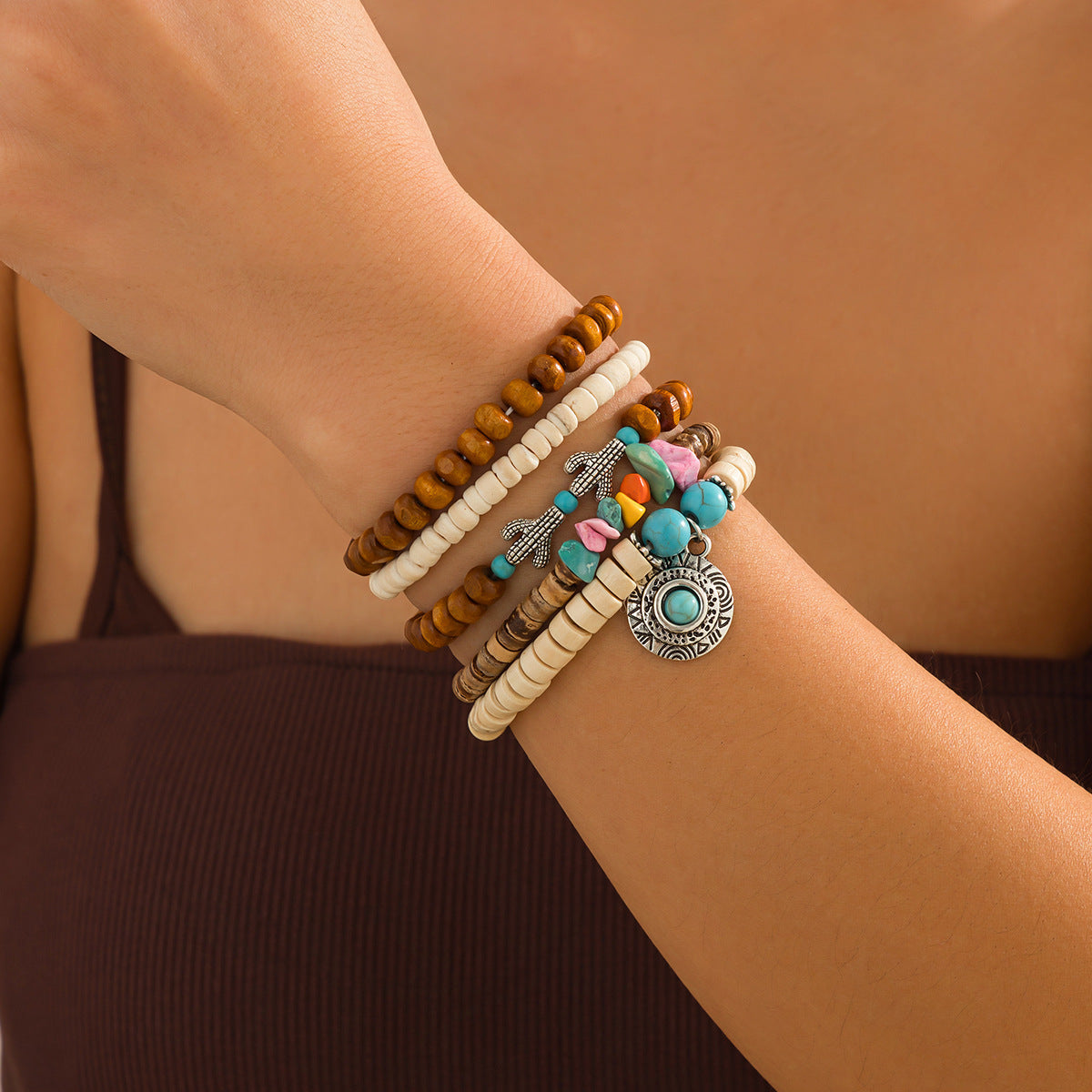 Bohemian Vintage Ethnic Geometric Alloy Plated Turquoise Bracelet Set for Women