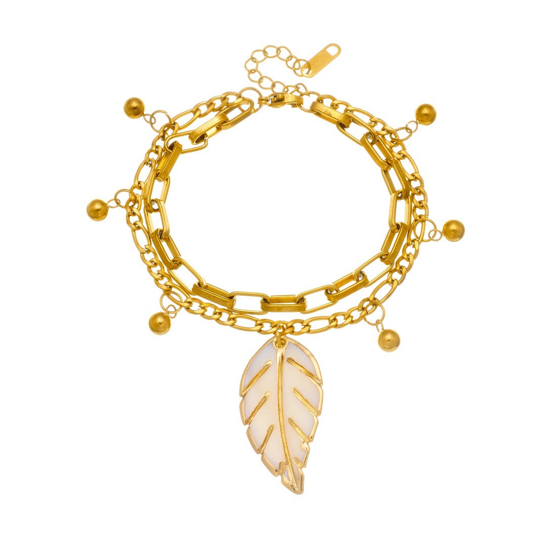 Vintage Casual Double Layer Stainless Steel Cable Chain Bracelet with Gold Bead Drip Oil Leaf Pendant