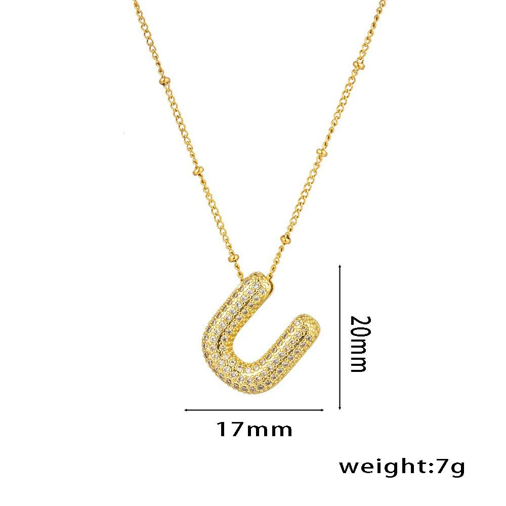Collana con ciondolo a lettera in zirconi micro-pavé placcato oro 18 carati, catena di perline in acciaio inossidabile/acciaio al titanio, gioielli unisex alla moda per pendolari