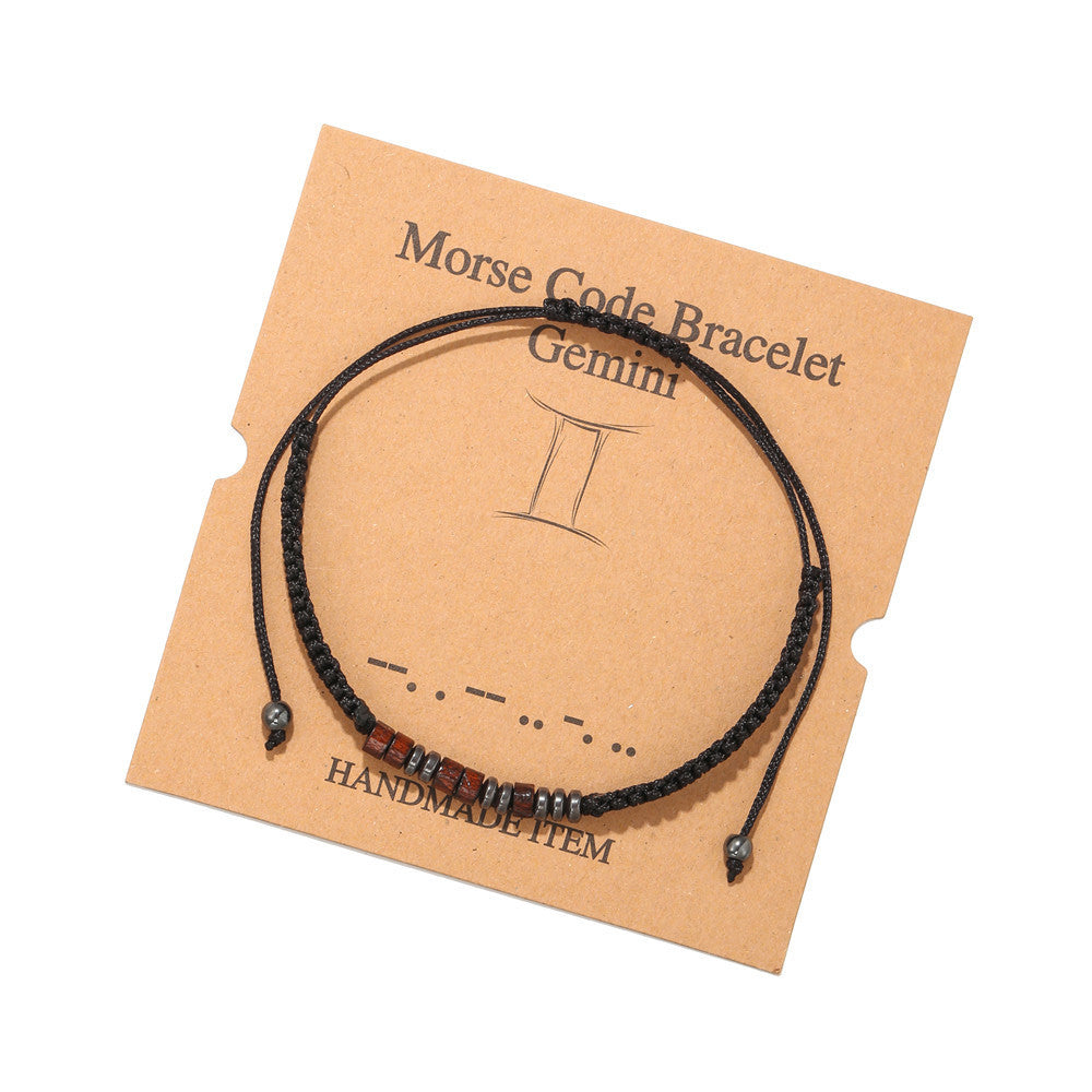 Morse Code Zodiac Wood Beaded Bracelet Round Geometric Unisex