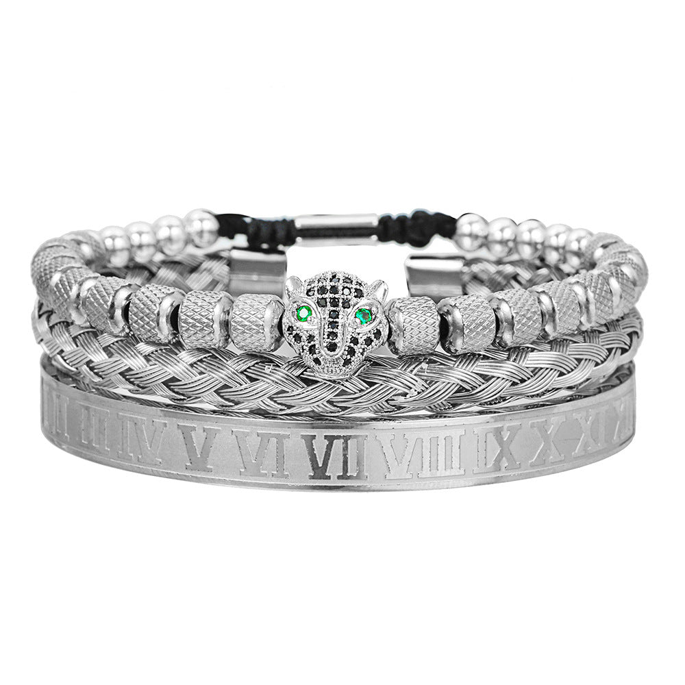 Vintage Geometric Leopard Head Micro-inlaid Cubic Zirconia Woven Stainless Steel Bracelet Set