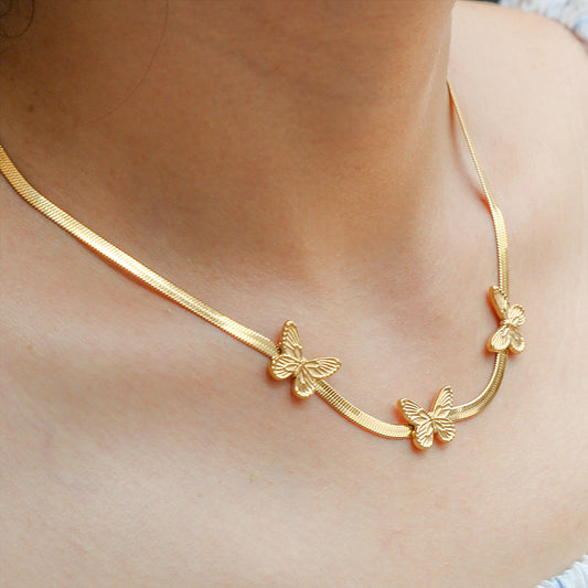 Minimalist Butterfly Pendant Necklace in Titanium Steel with Gold Plating on Snake Chain for Women