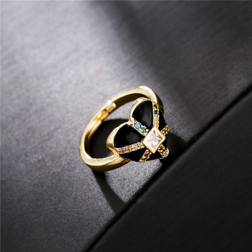 18K Gold Plated Brass Micro-inlay Cubic Zirconia Drip Oil Heart Ring for Women