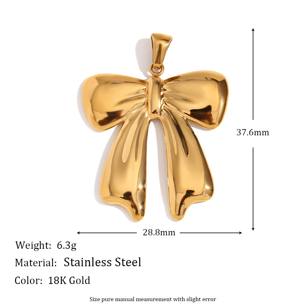 Vintage Elegant 18K Gold Plated Stainless Steel Bow Knot Wave Pearl Charm Bar for Women