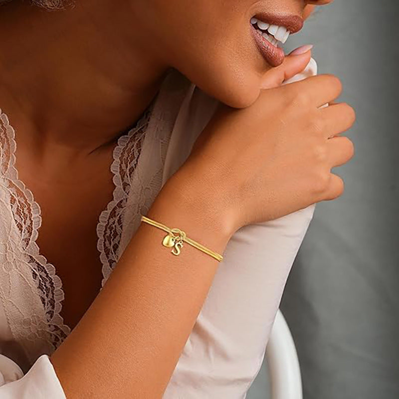 Sweet Luxury Stainless Steel PVD Snake Chain Bracelet with Rhinestone Letter Heart Cross Pendant for Women
