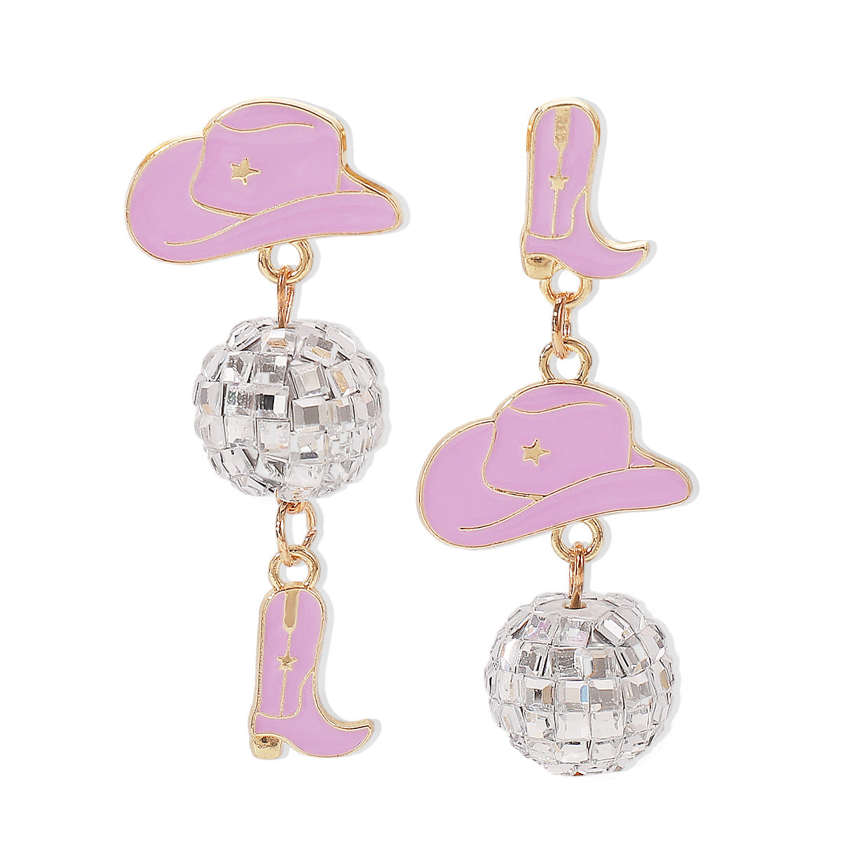 Sweet-Edgy Asymmetrical Oil-Dripped Cowboy Western Style Earrings with Hat and Boot Motifs and Ball Accents in Alloy