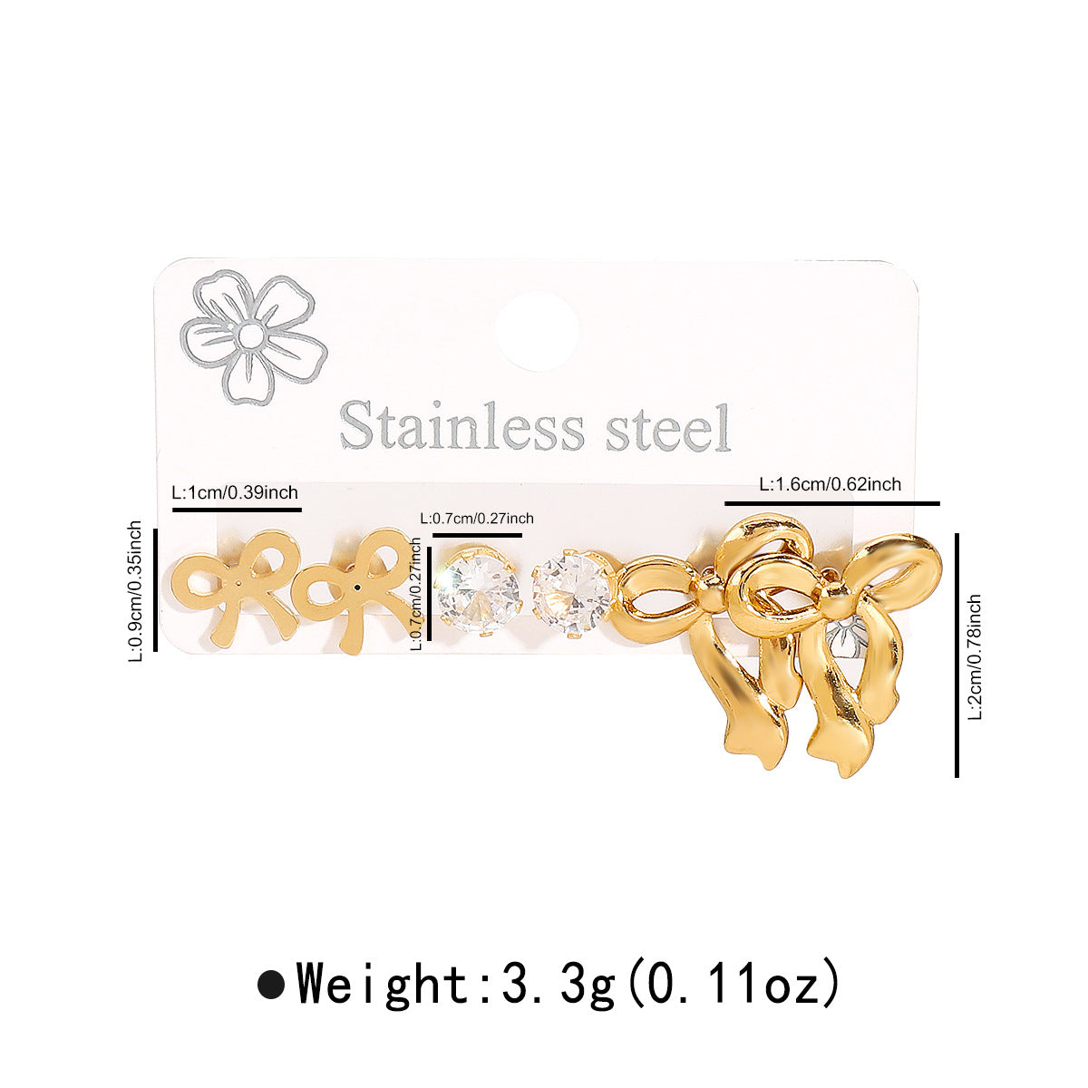 Orecchini a perno con strass bianchi geometrici a forma di cuore a farfalla, in acciaio inossidabile placcato oro 14K, minimalisti, da donna