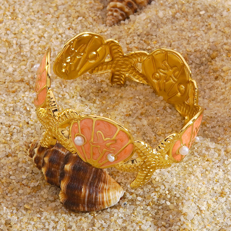 Bracciale rigido aperto a C in acciaio inossidabile con perle, conchiglie, stelle marine e gocce d'olio, stile minimalista