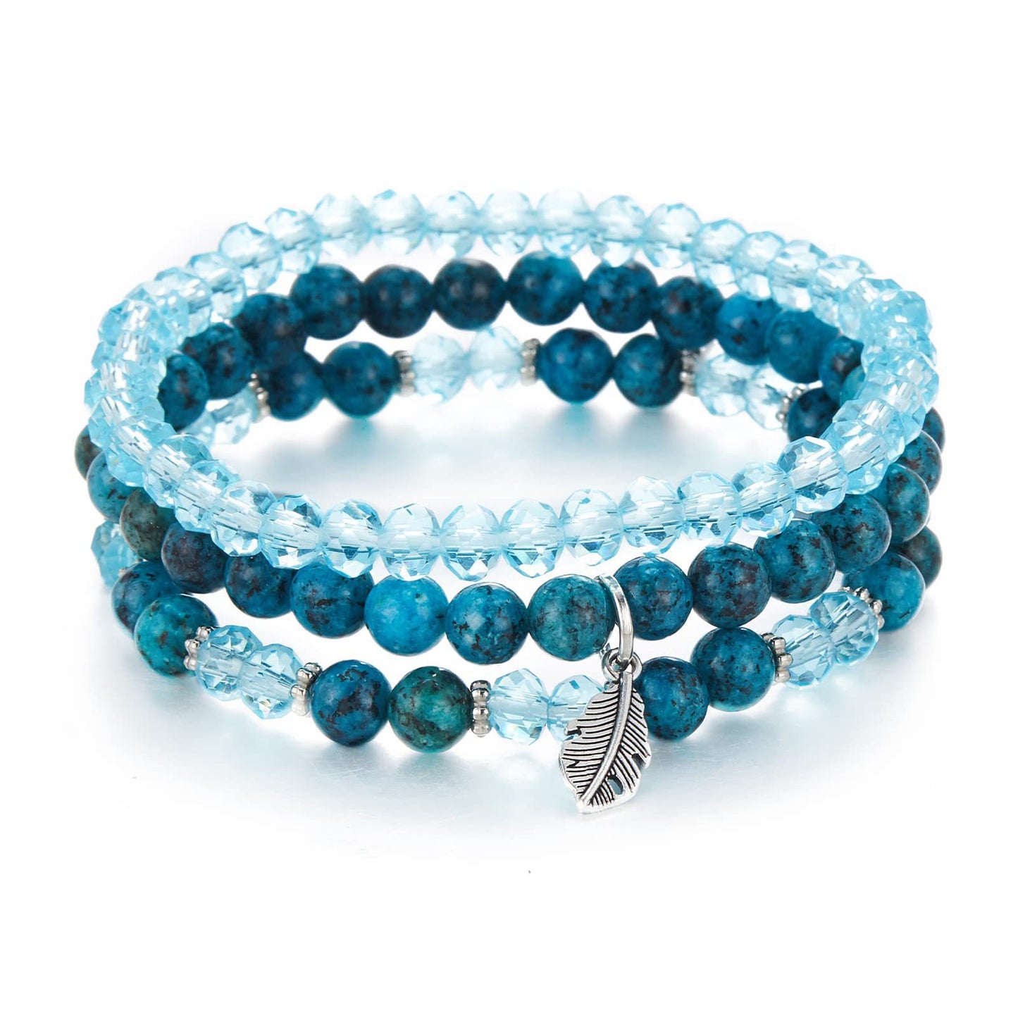 Minimalist Geometric Crystal Feather Pendant Bracelet Set