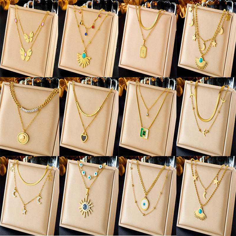Vintage Bohemian Stainless Steel Heart Star Butterfly Square Pendant Necklace with Rhinestone and Turquoise Inlay