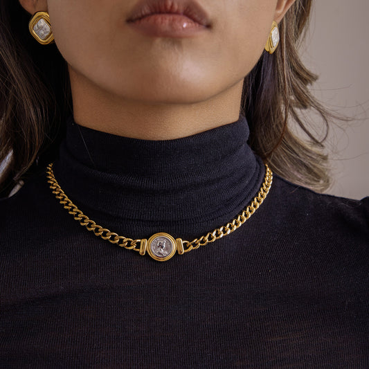 Vintage Geometric Coin Pendant Necklace 18K Plated Titanium Steel Women Fashion Jewelry